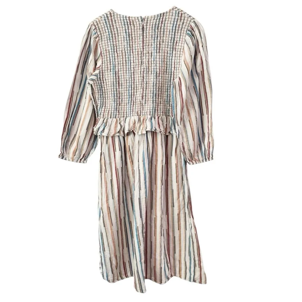 Frances Hart Maternity Maritza Dress Smocked Multicolor Striped Cotton Sz Large White - Image 5