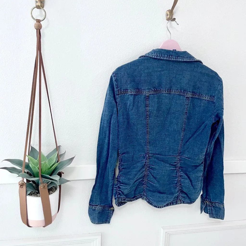 Anthropologie Pilcro Denim Shirred-Waist Ruffle-Neck Blouse Size S Blue - Image 3