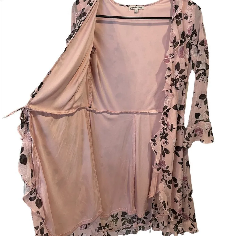 Charlotte Russe Pink Floral Boho Cottagecore Knee Length Tie Kimono Ruffle Top - Image 6