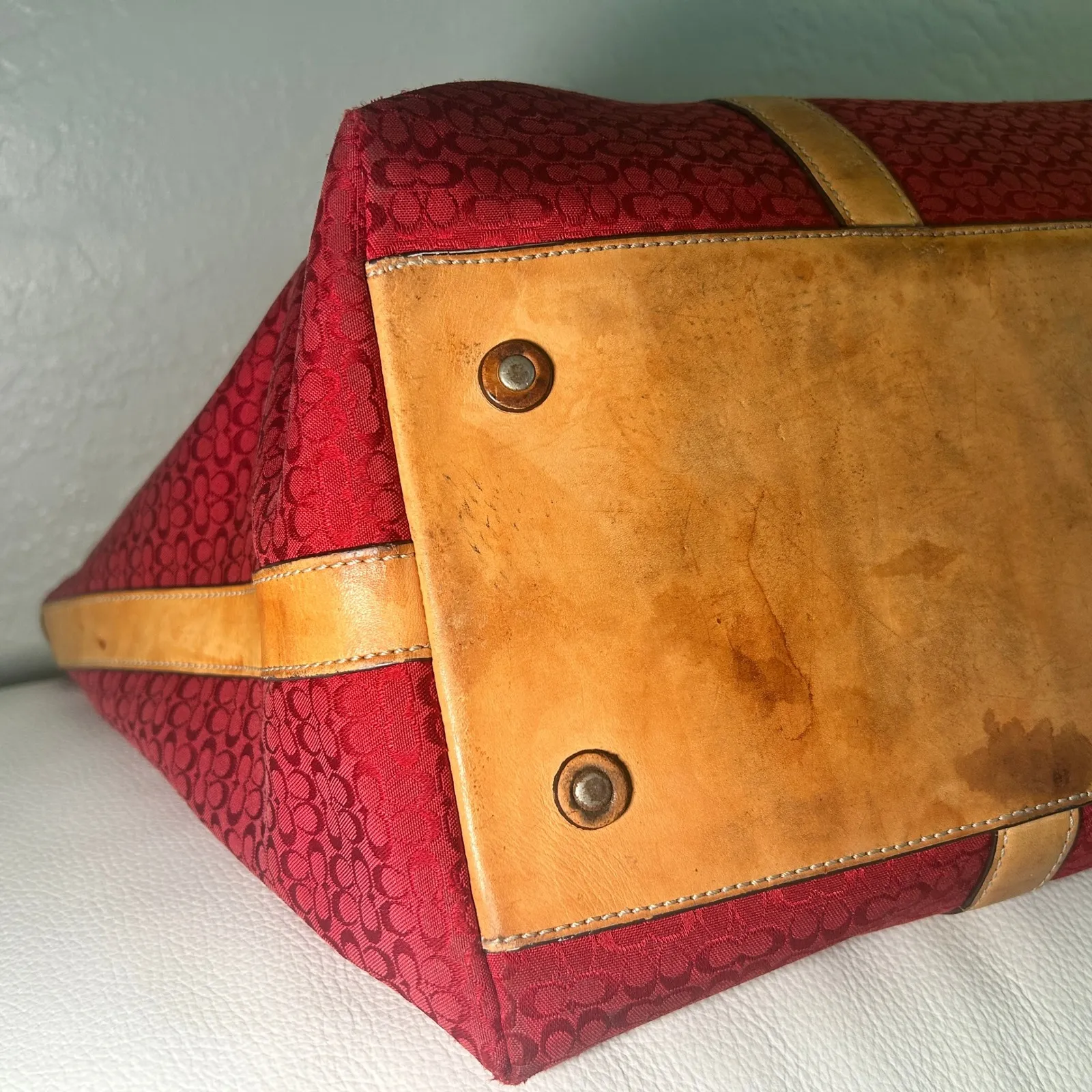 Vintage Coach 3602 Red Signature Jacquard Tote‎ Bag Leather Trim Y2K Large - Image 5