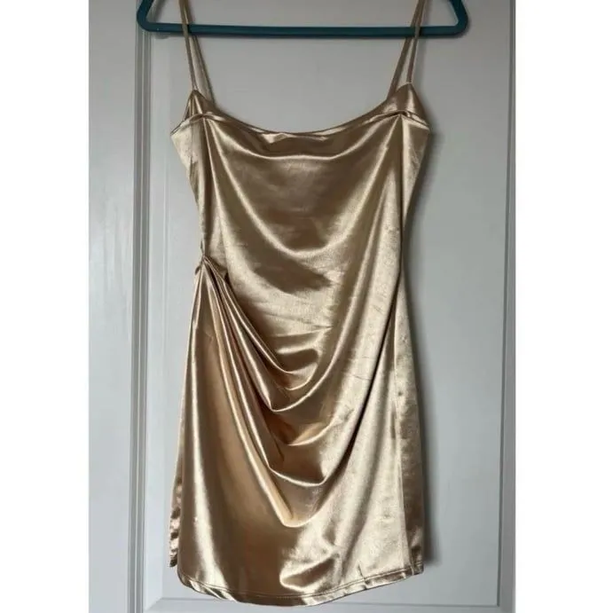 Lucy in the Sky Gold ruched cowl neck satin mini dress - Image 2