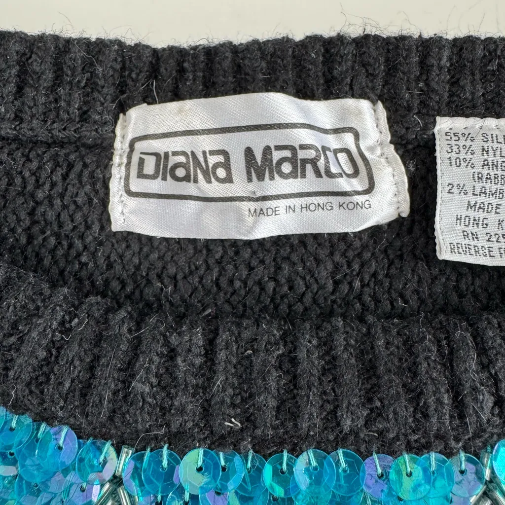 Vintage 80s Diana Marco Black Blue Green Sequin Silk Angora Sweater Size Large - Image 5