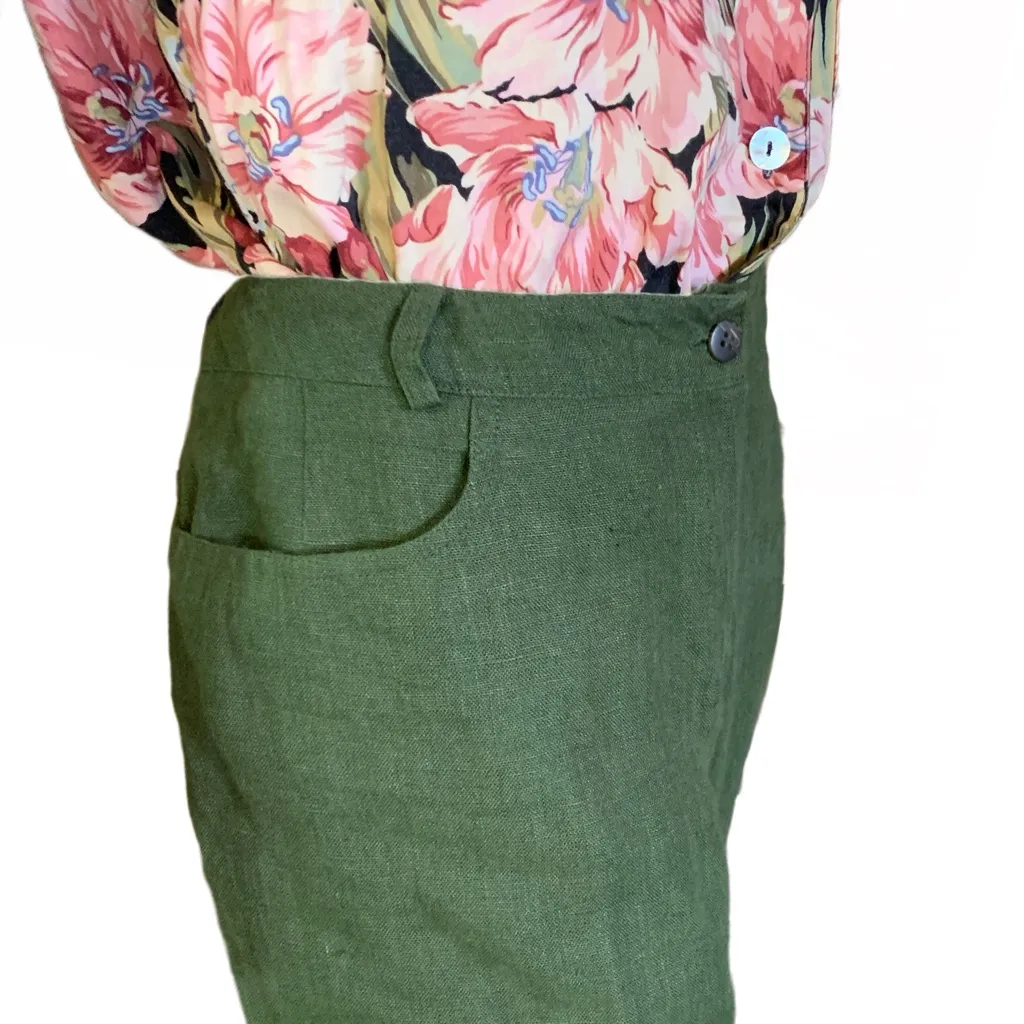 VINTAGE 1990'S HARVE BENARD FOREST GREEN LINEN FRINGE HEM TROUSERS (14) - Image 7