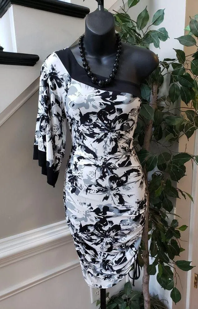 RUBY ROX Asymmetric Dress Womens Medium White Black Floral Ruched One Shoulder - Image 2