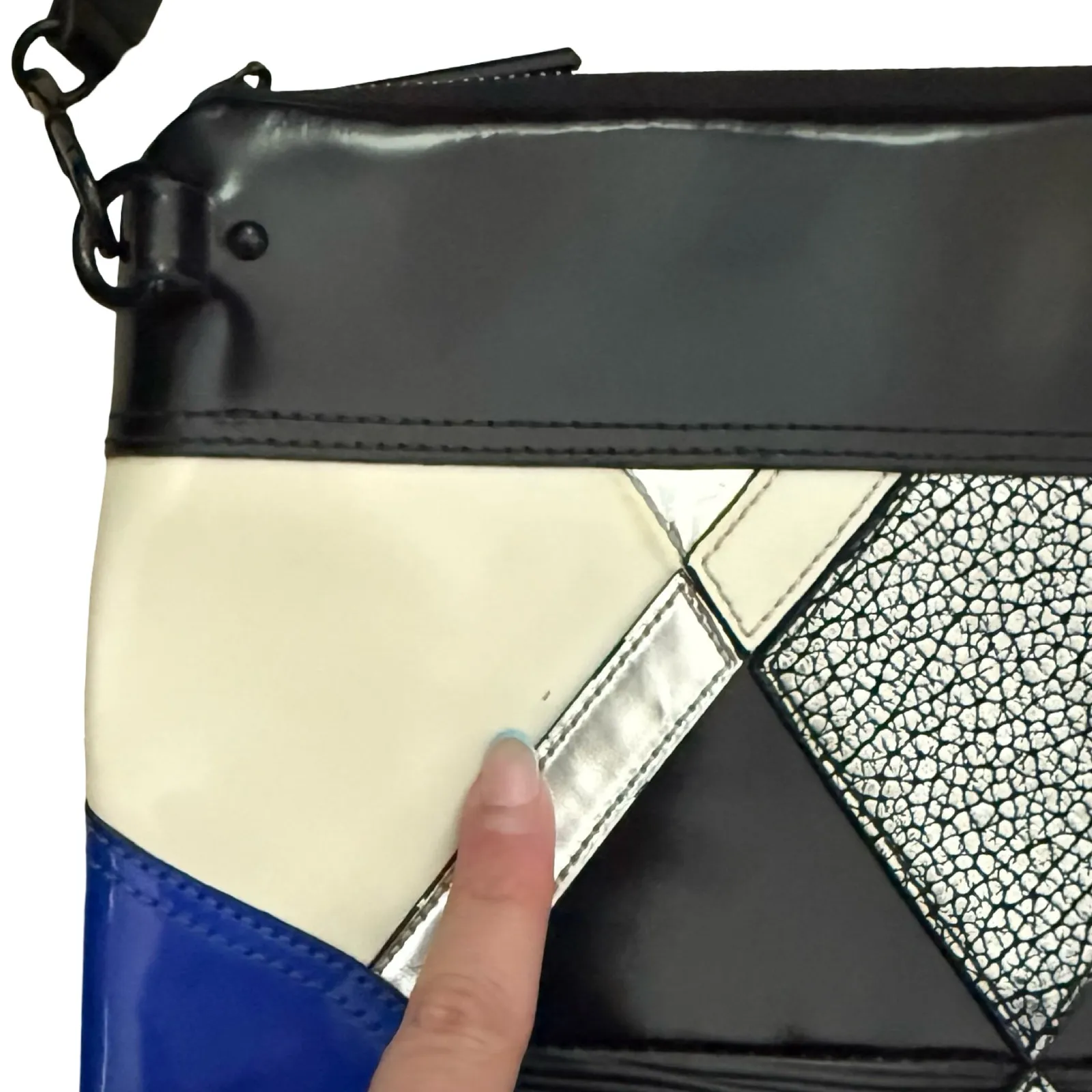 3.1 Phillip Lim Geometric Blue Cream Black Silver Patent Leather Clutch Bag - Image 11