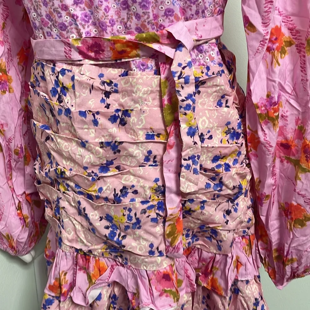 R. VIVIMOS Pink Boho Floral V neck Dress small NEW Blue - Image 9