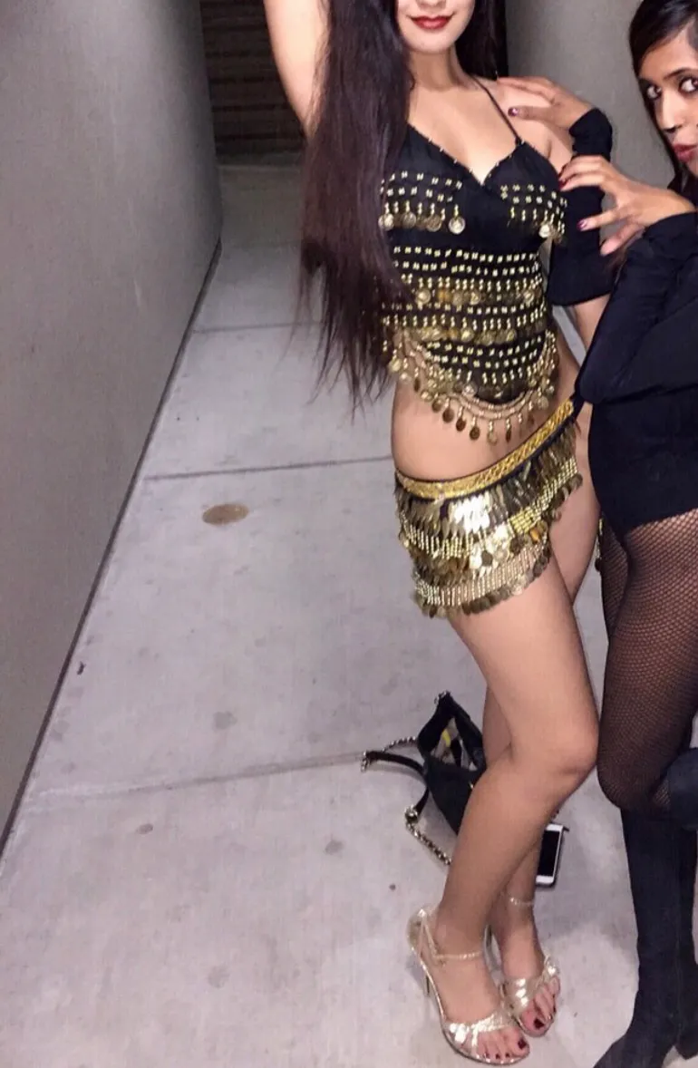 cute sexy belly dancer backless dangling fringe coin chiffon gold Halloween costume - Image 6