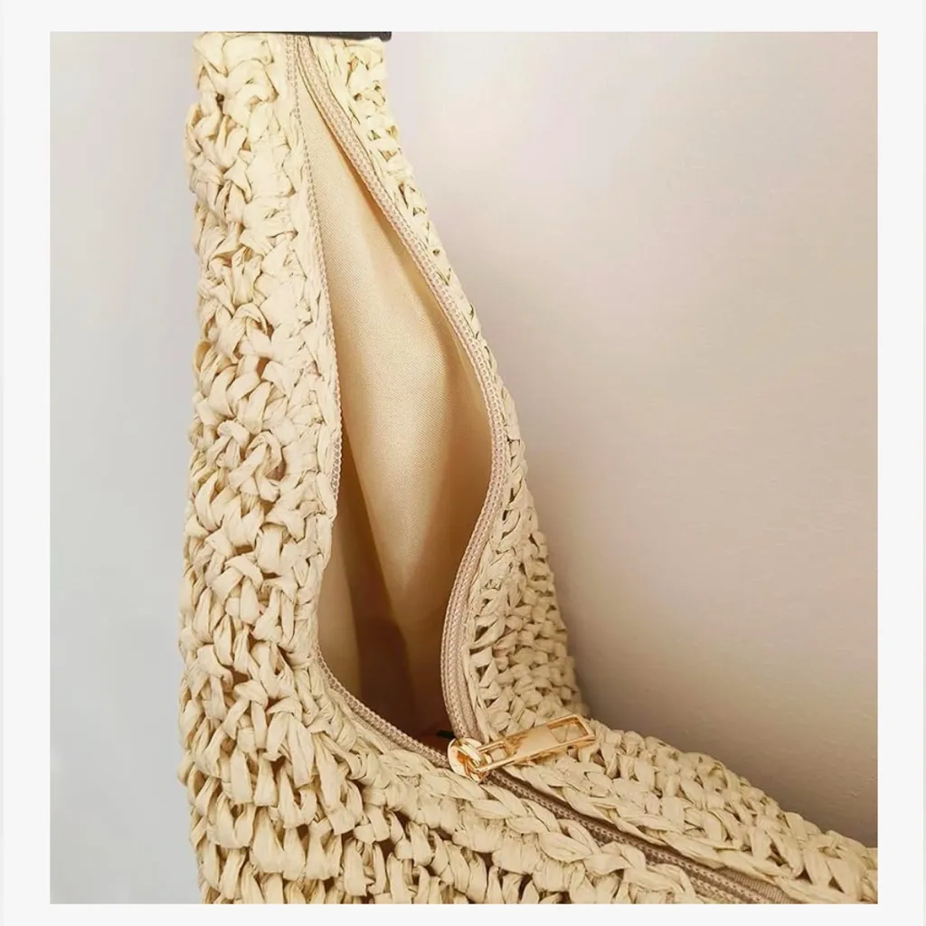 NEW Crossbody Shoulder Crescent Bag Woven Hobo Adjustable Strap Straw 14x13” Brown - Image 4