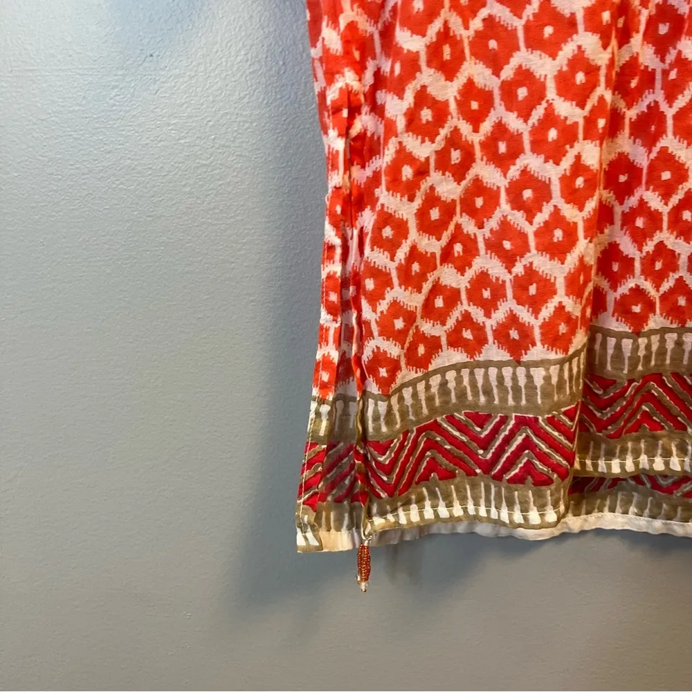 Roller Rabbit Swim Cover Up Cream & Coral Pattern Tunic w/ Tassels Sz S EUC - Image 5