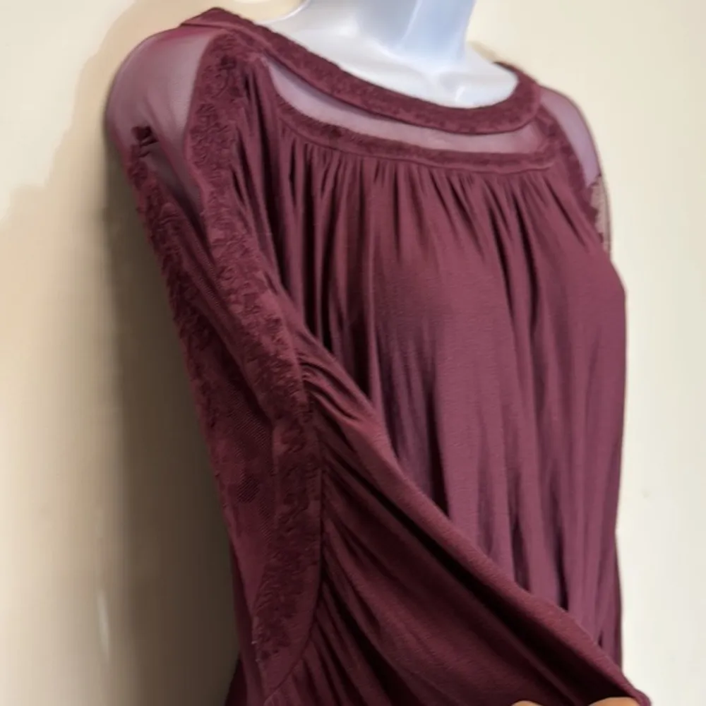 Free People maroon Long‎ Sleeve Purple Embroidered & Mesh Top Size XS - Image 6