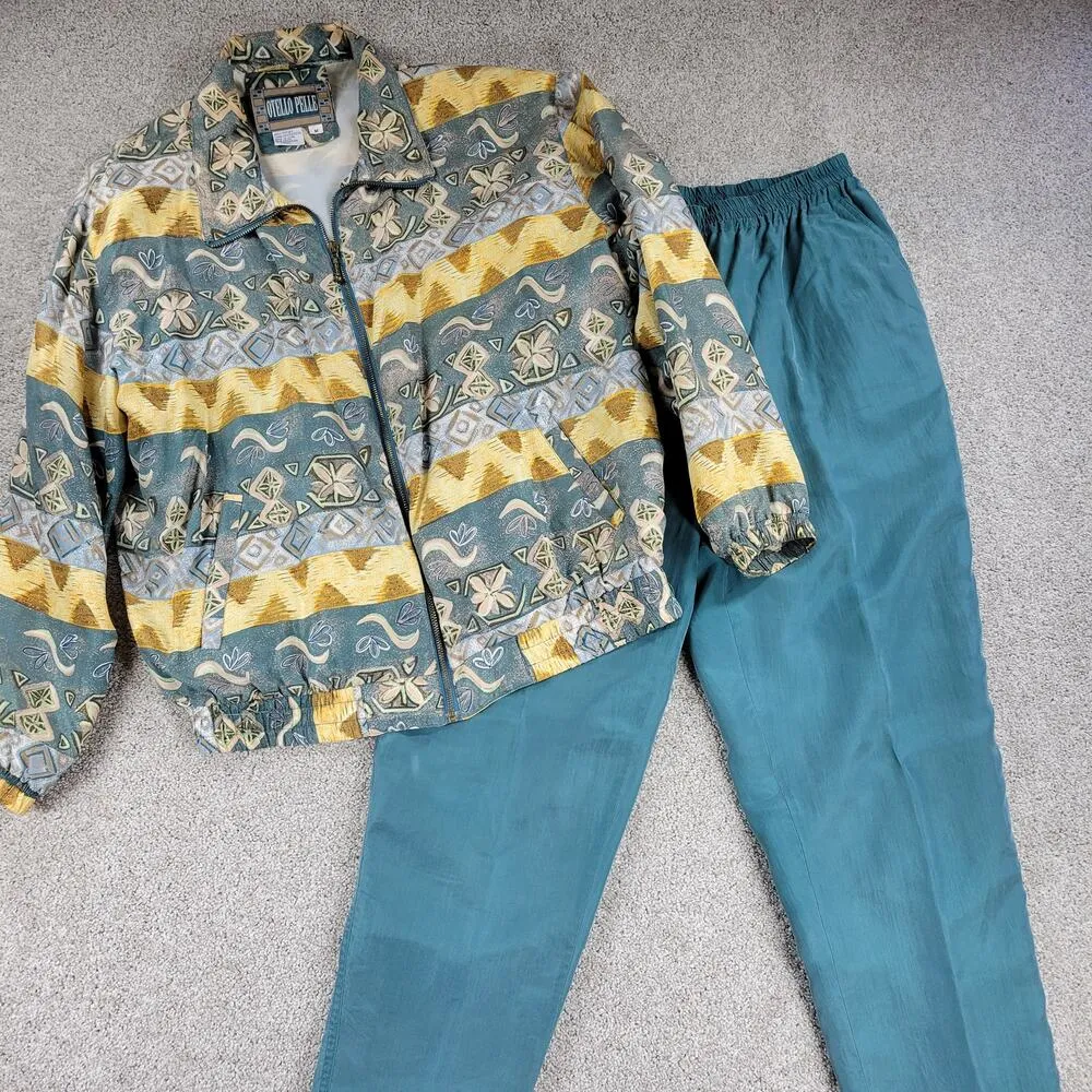 VINTAGE Otello Pelle Silk Track Suit M Green Yellow Print Shoulder Pads 80s Size M - Image 5