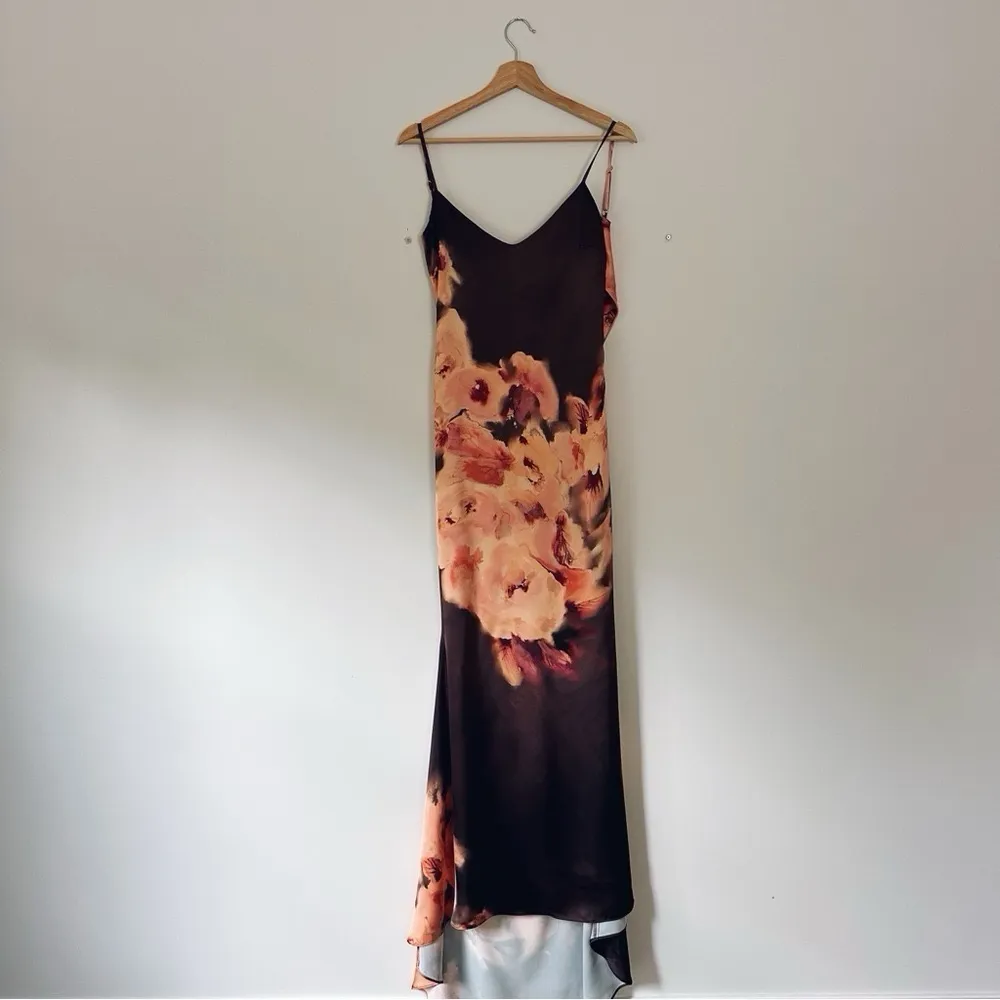House of CB Mariamma Dark Brown Floral Printed Satin Maxi Dress - Image 9