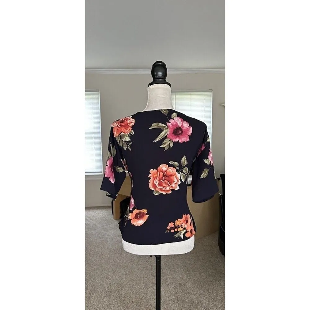 West Kei Blouse Rose Print Belted Waist Women’s Sz SP Whimsigoth Office Siren - Image 2