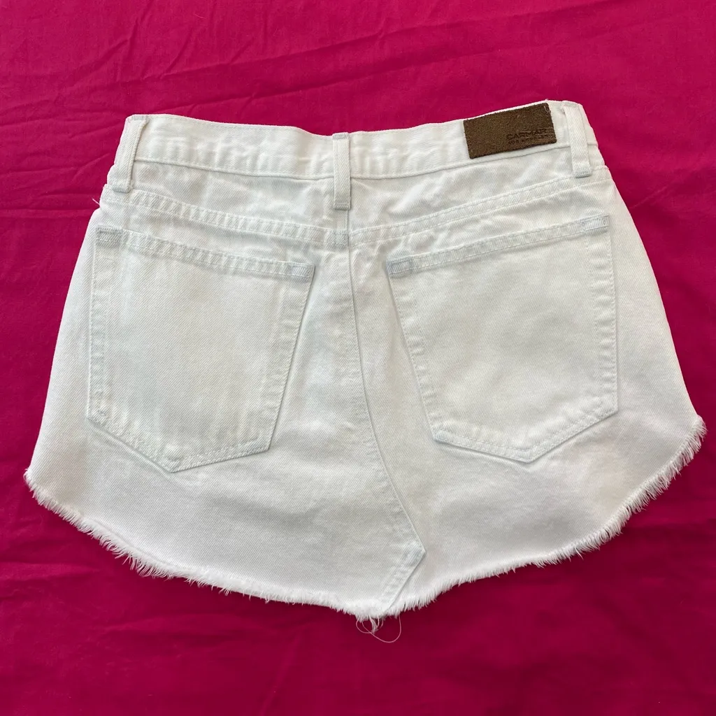 CARMAR Women Sz 25 Denim Button Fly White Distressed Ripped Cotton Mini Skirt - Image 2