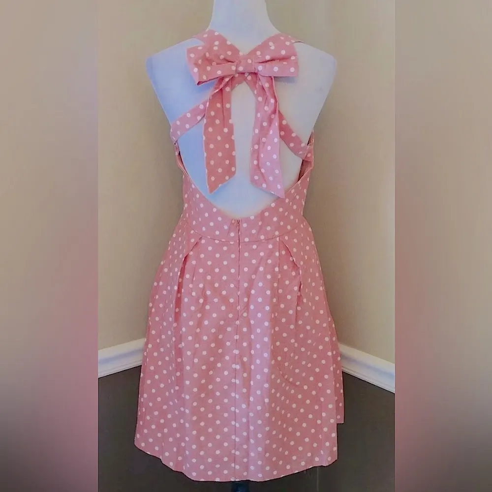 Pink & White Polka Dot Modcloth Dress Backless with Bow Peach Love California - Image 3