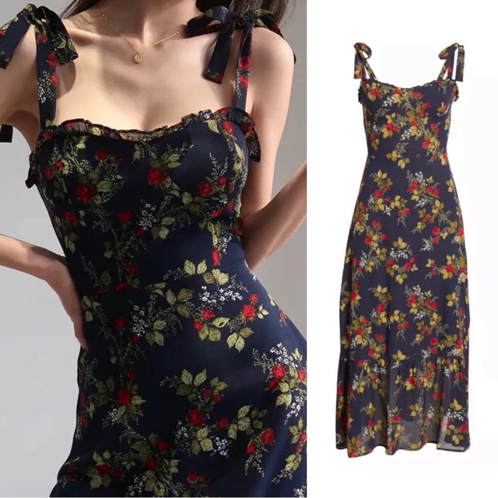 Reformation • Nikita Midi Dress in Bordeaux navy blue floral tie strap ruffle - Image 2