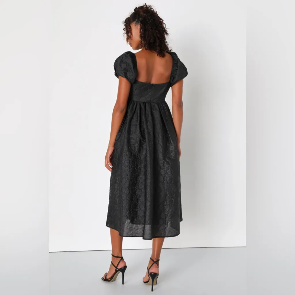 Lulus Adorable Mood Black Floral Jacquard Puff Sleeve Babydoll Midi Dress Small‎ - Image 4