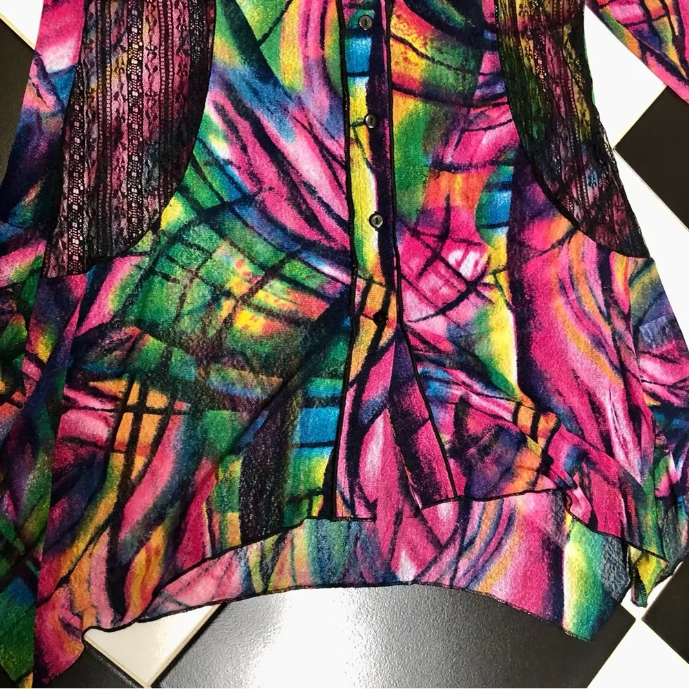 Vintage Creation Sheer Lace Cut Outs Bright Neon Abstract Mini Dress Tunic Mesh Multiple - Image 4