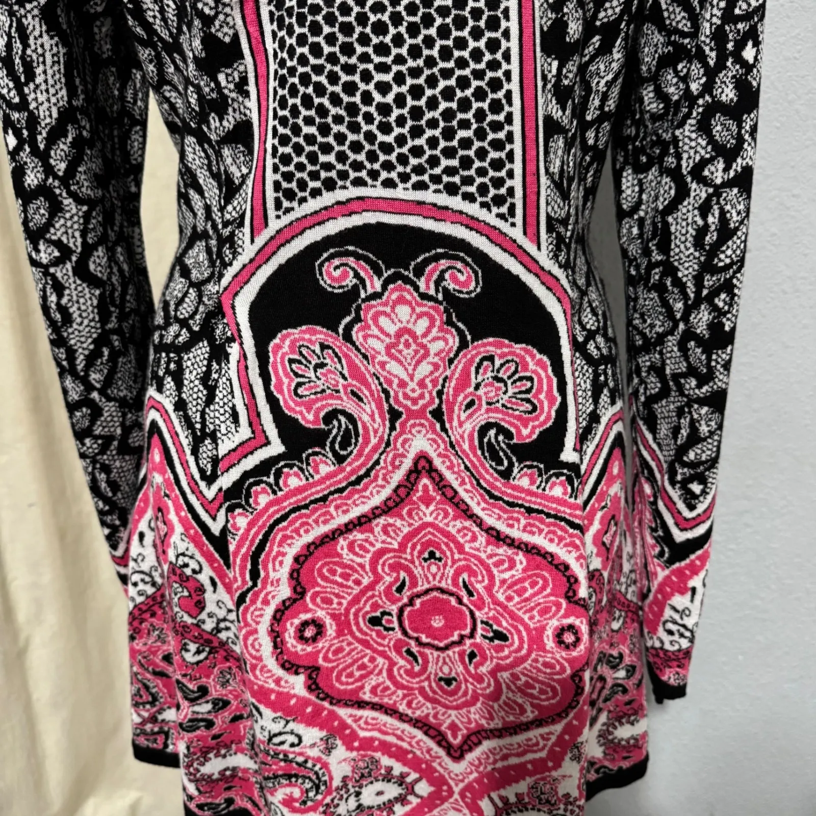 Style & Co Black Pink Paisley Print Long Sleeve Knit Stretchy Dress Boho Size L - Image 6