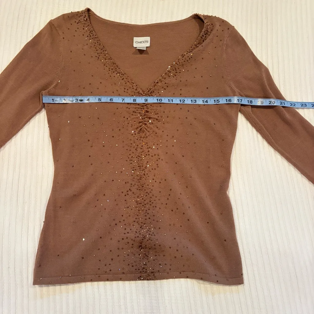 Chico's V-neck Women's Sweater Taupe Brown Shimmer Beaded Long Sleeve Size 0 - Image 9