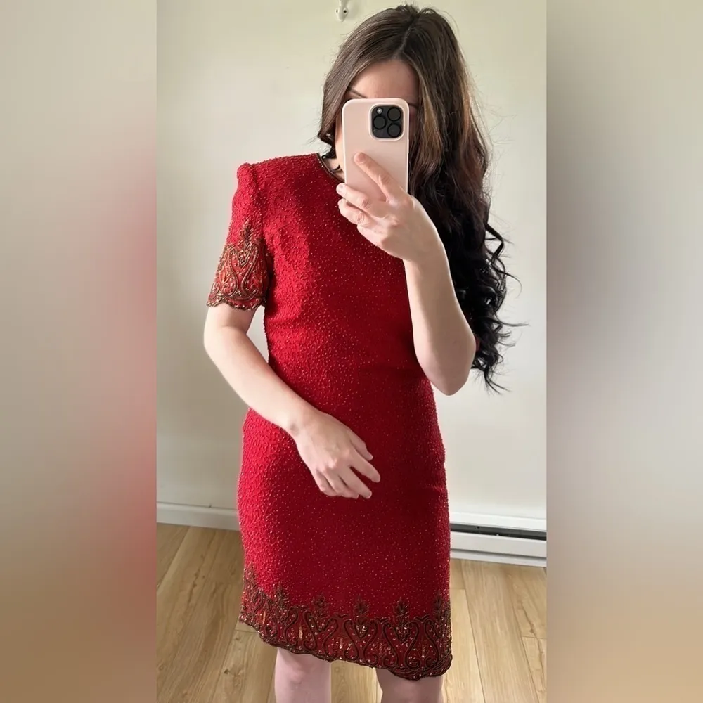 Vintage Beaded cocktail Dress Knee Length Holiday Party red Size 8 - Image 3
