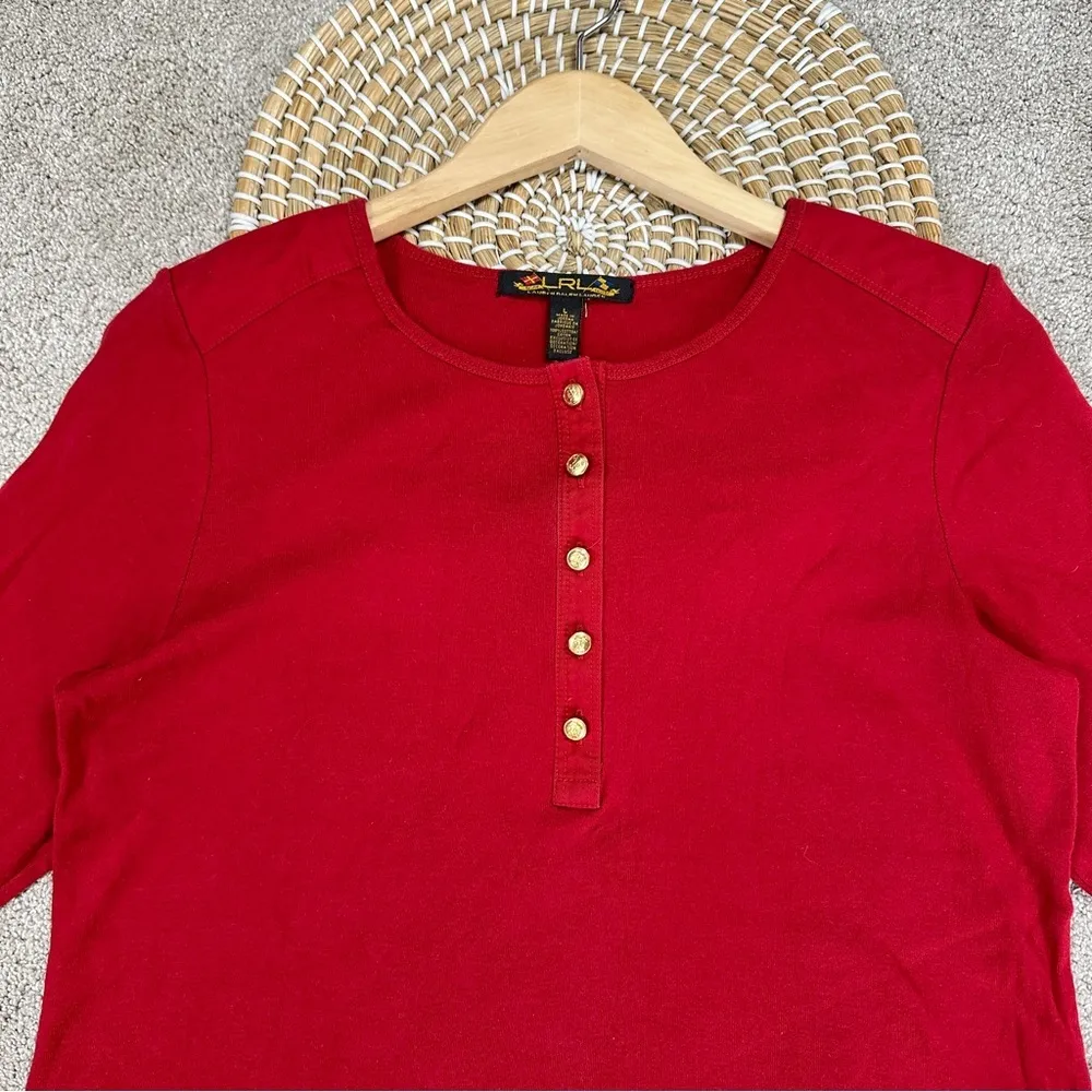 Lauren Ralph Lauren Henley Top Shirt Longsleeve Cotton Logo Embroidery in Red L Size L - Image 3