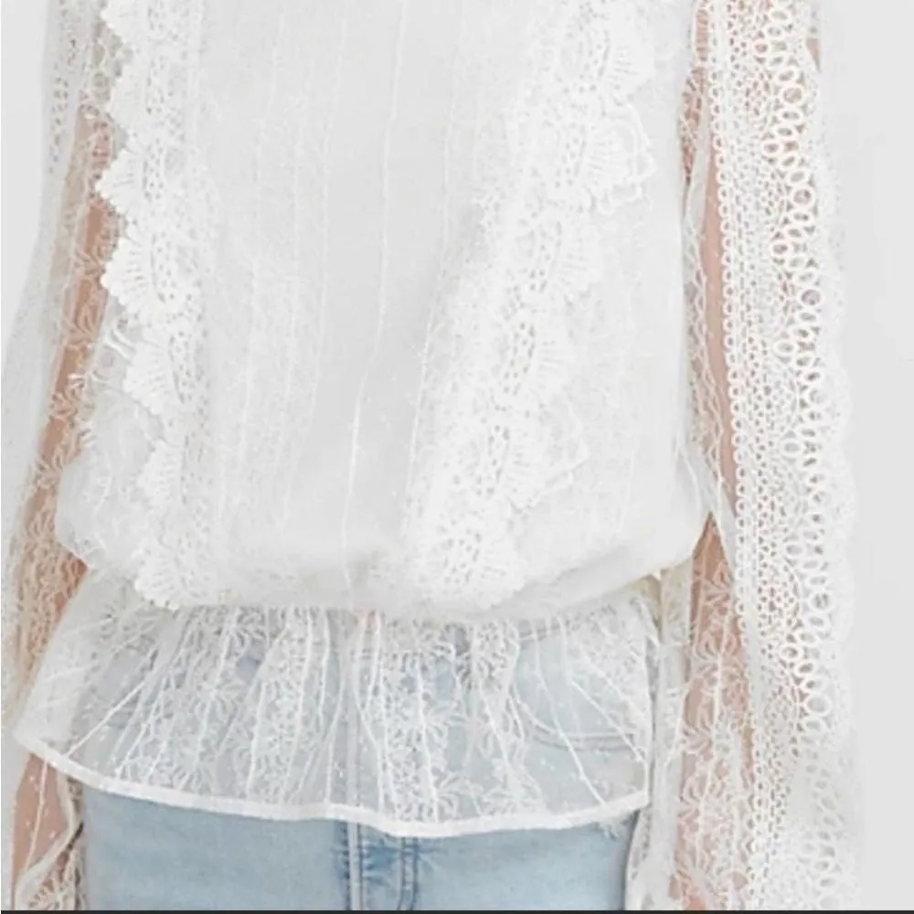 Scalloped Lace Mock Neck Peplum Top  blouse shirt New satin lace shirt - Image 5