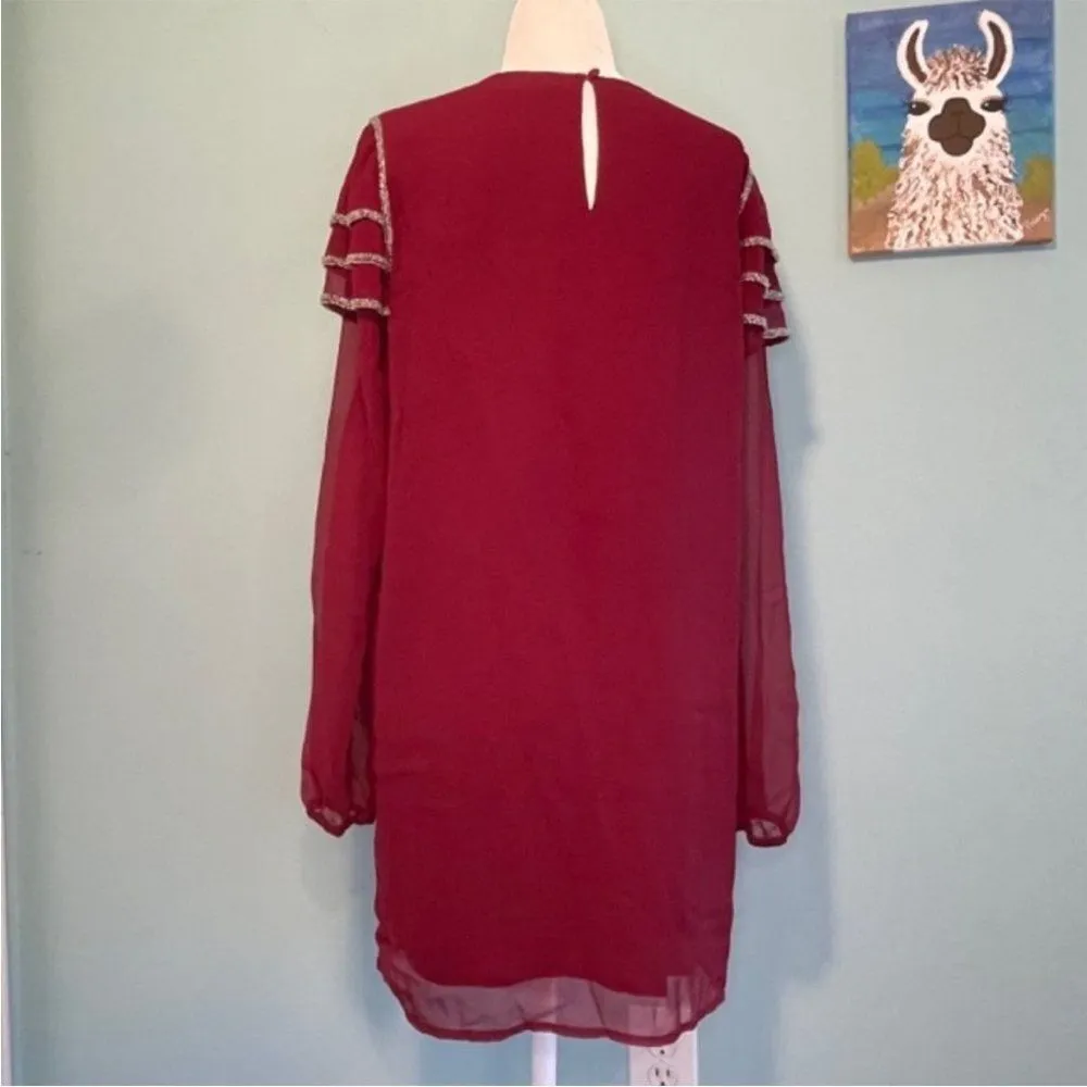 Tularosa Dress Maroon Burgundy Bowie Beaded Long Sleeve Ruffle Mini Sheer Sz M - Image 4