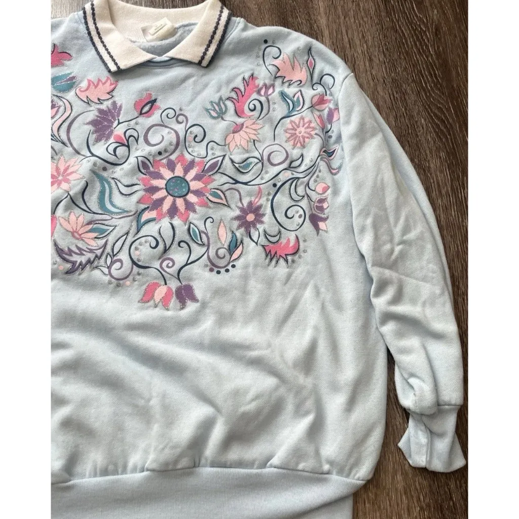 Vintage Haband For Her Collared Floral Blue Sweatshirt Collared Women’s Sz M Size M - Image 4