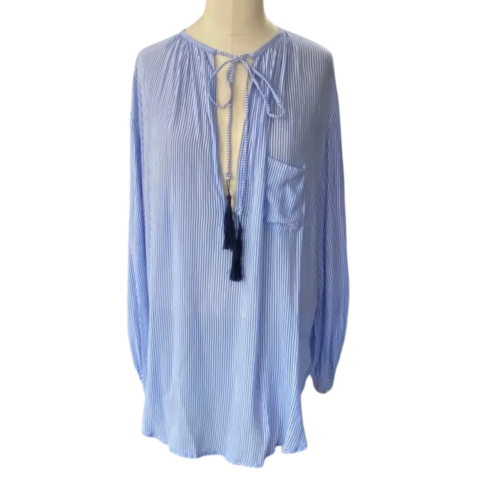 Faithfull The Brand Alice Blue & White Bohemian Tassel Blouse Size small - Image 10