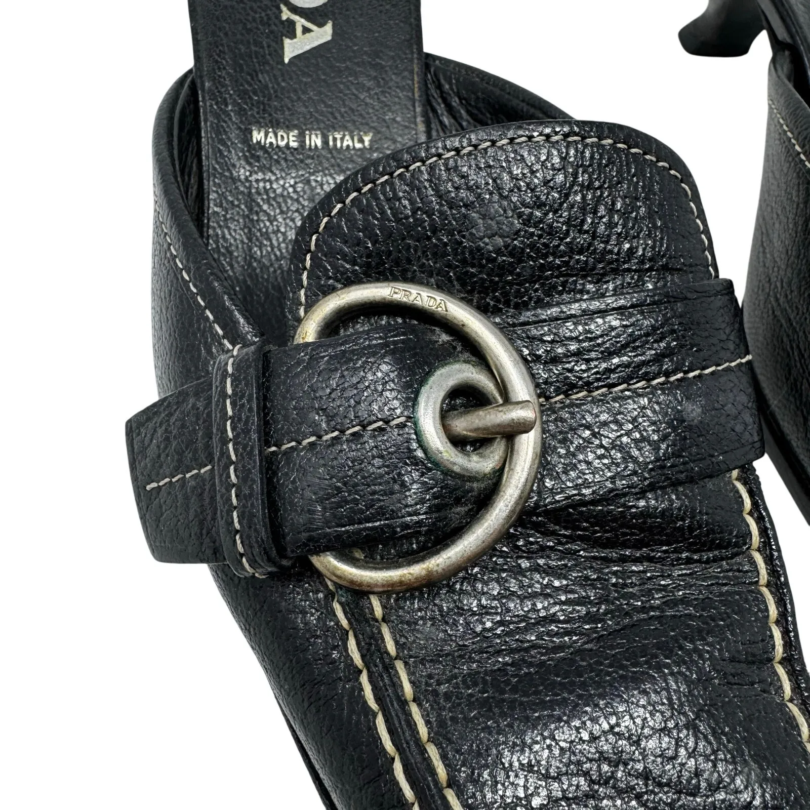 Prada Black Leather Buckle Mule Heels 37.5 Vintage Slip-On Kitten Heel Sandals - Image 6