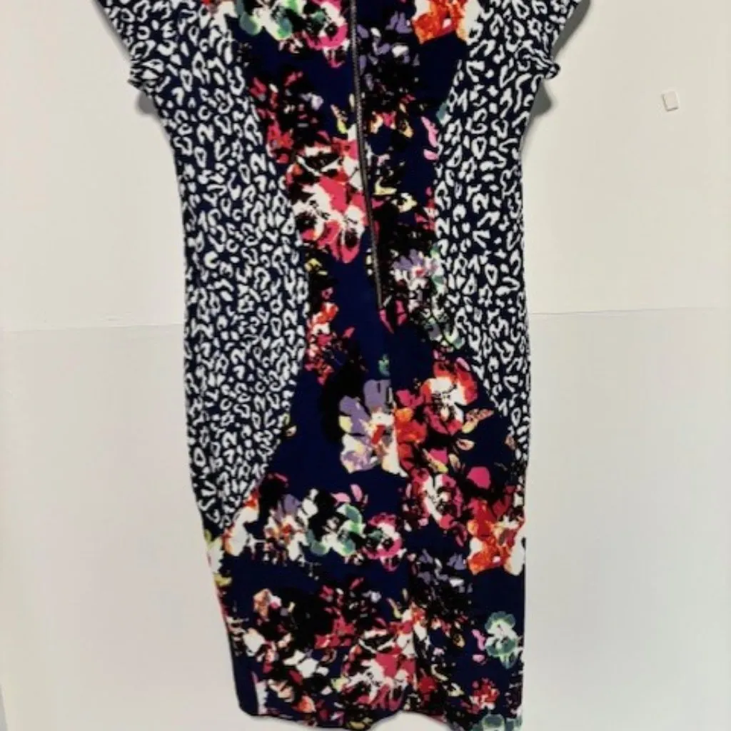 Marilyn Monroe XL Sheath Dress Navy Floral Animal Print V Neck Feminine Bold - Image 5