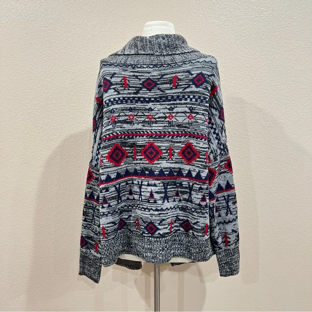 Roxy Grey Knit Cardigan with Geometric Designs Size Medium - Image 4