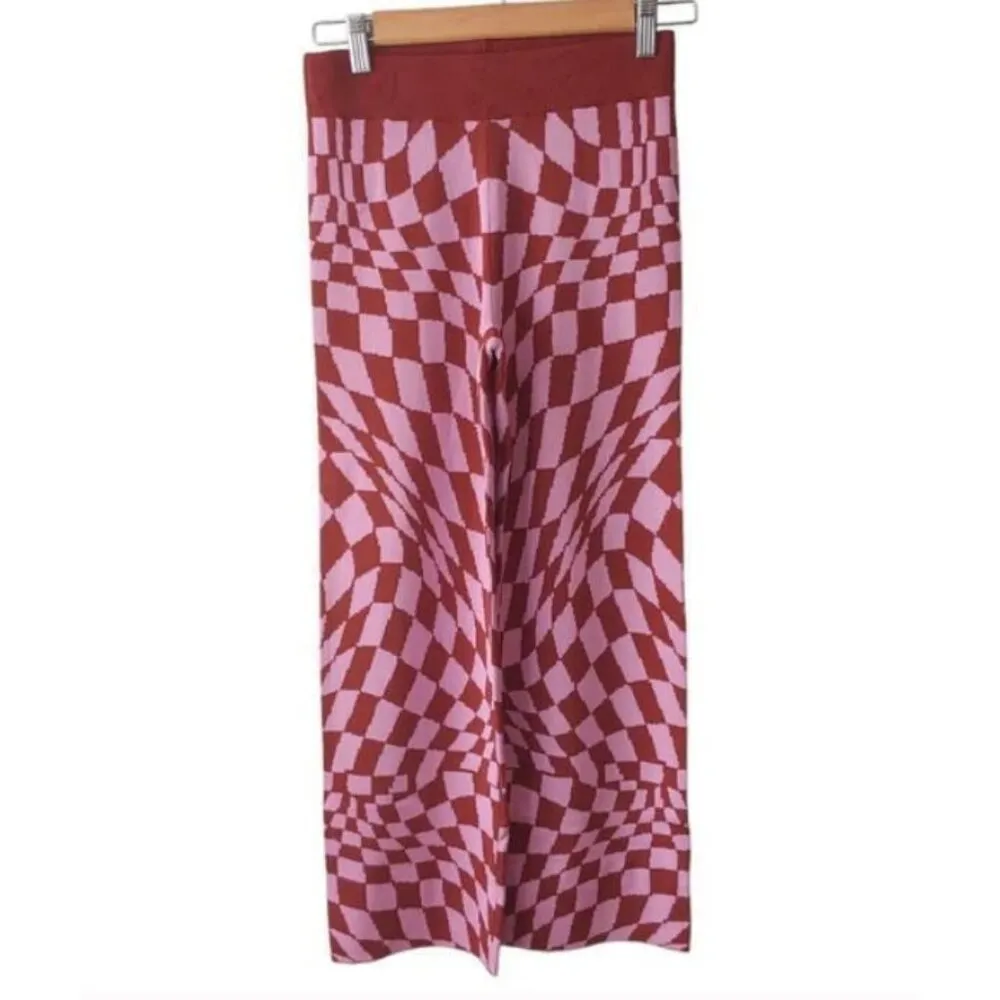 Daydreamer Free People Women’s XS Pink Wave Retro Checkered Boho Ankle Pants NWT - Image 5