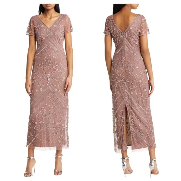 Pizarro Nights Beaded Mesh Overlay Cocktail Dress Mauve 4 NWT Pink - Image 2