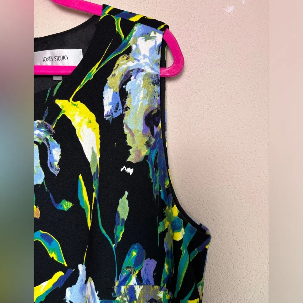Jones Studio Black and Yellow Spring Floral Sleeveless Sheath Shift Dress 16W - Image 3