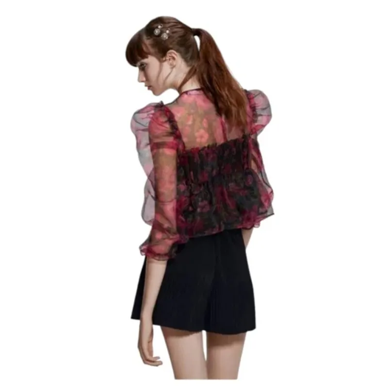 Zara Red Floral Organza Sheer Floral Frill Puff Sleeve Blouse * - Image 2