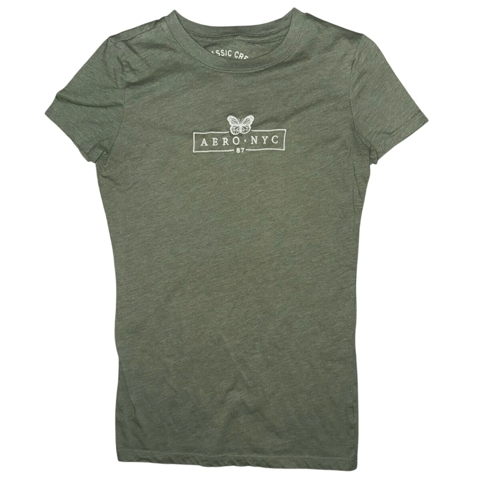 Aero NYC Butterfly Box Graphic Tee size small y2k boxed text Absinthe Green top - Image 4