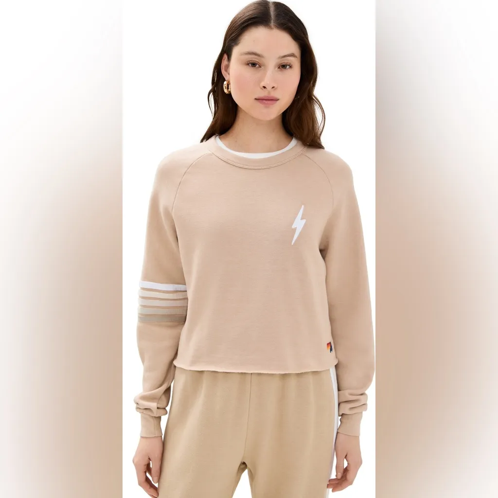 Aviator Nation Rugby Bolt Stitch Cropped Crewneck in Sand Beige - Image 2