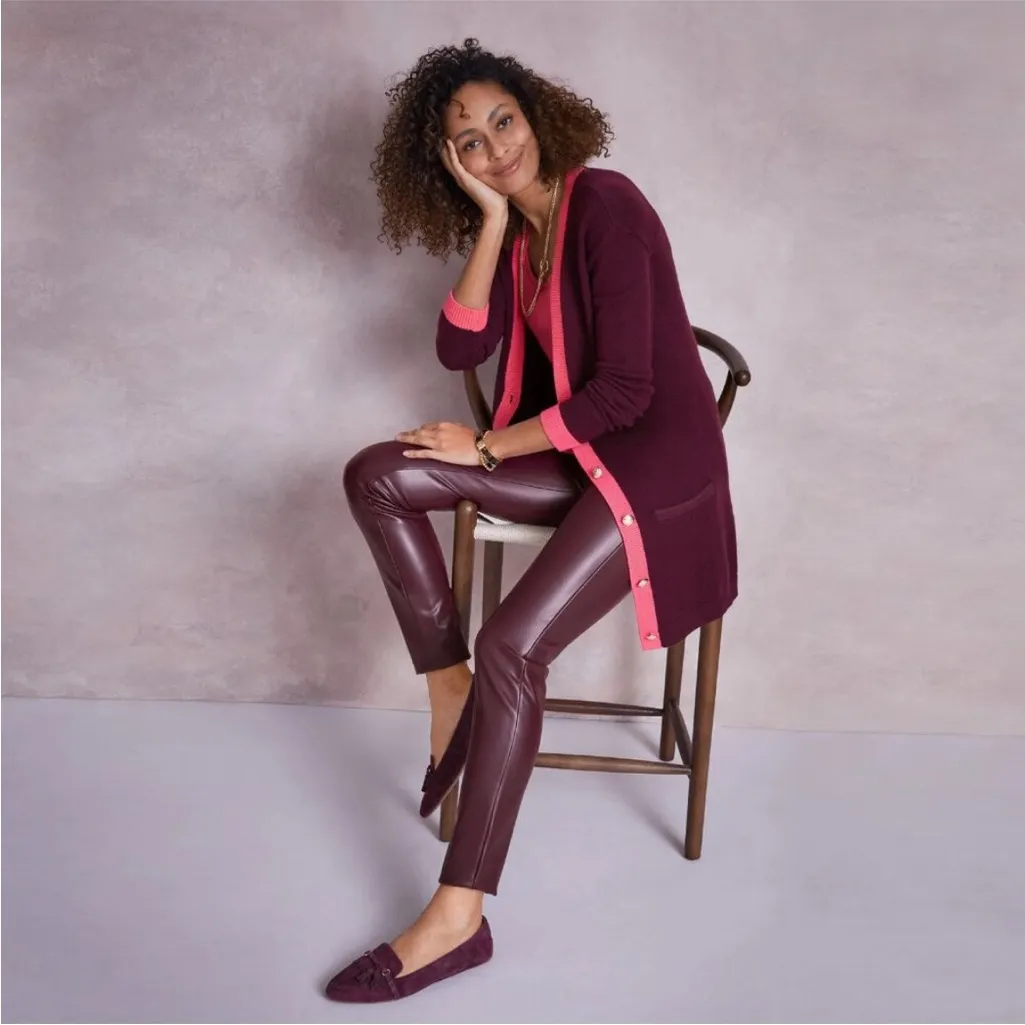 New Talbots V-Neck Tipped Cotton Burgundy Grandpa Cardigan Boyfriend Sweater MP - Image 2