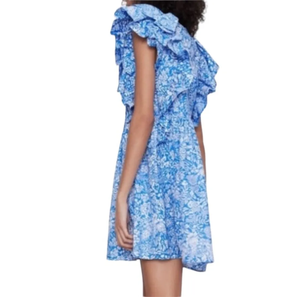 NWT Zara Cotton Floral Print Ruffle Short Sleeve Mini Dress in Blue/White - Image 3