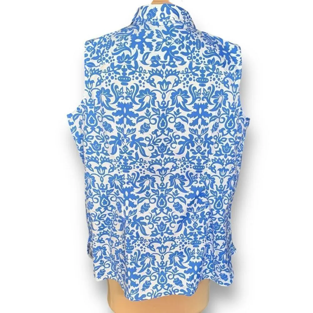 Talbots Shirt  White Blue Floral Damask Folk Art Sleeveless Collared Button Up - Image 4