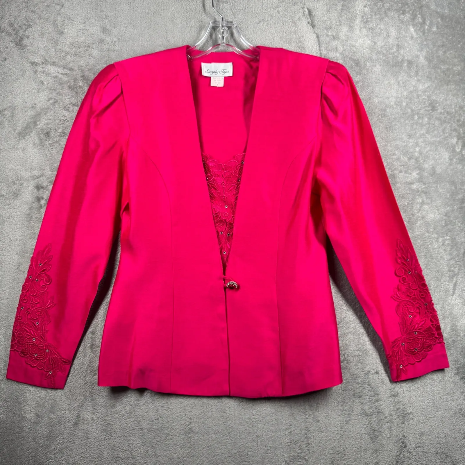 Simply Tops Blazer Jacket 8 Hot Pink Floral Embellished Beaded Vintage 80s 90s - Image 2