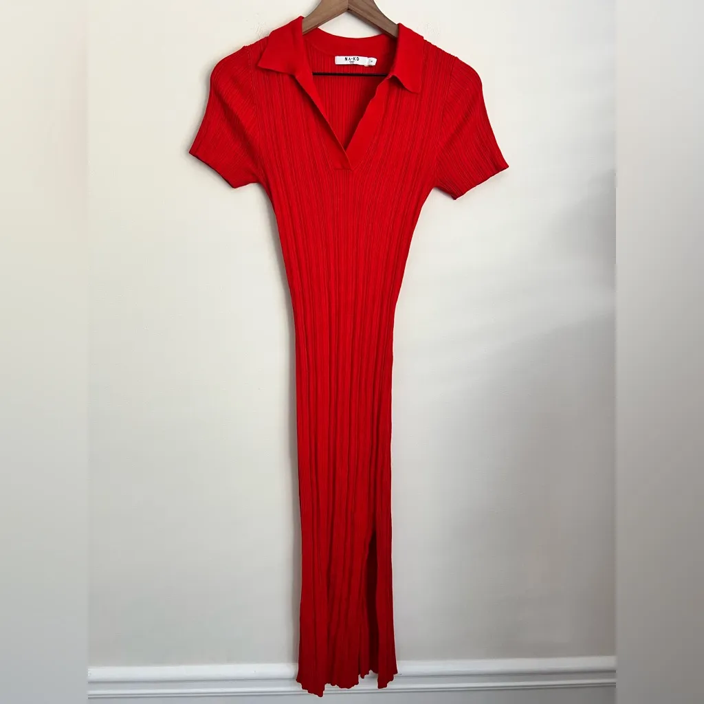 NA-KD rib knitted collar midi dress red polo slit short sleeve M - Image 3