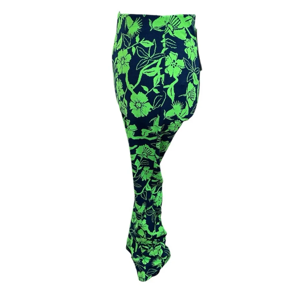 Zara Floral High Rise Bootcut Pants Green Navy Blue Size Small - Image 3