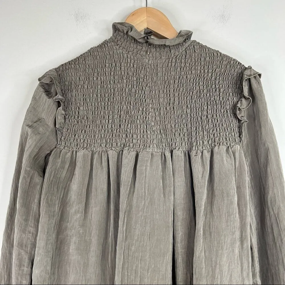 French Connection brown smocked high neck long blouson sleeve mini dress M - Image 5