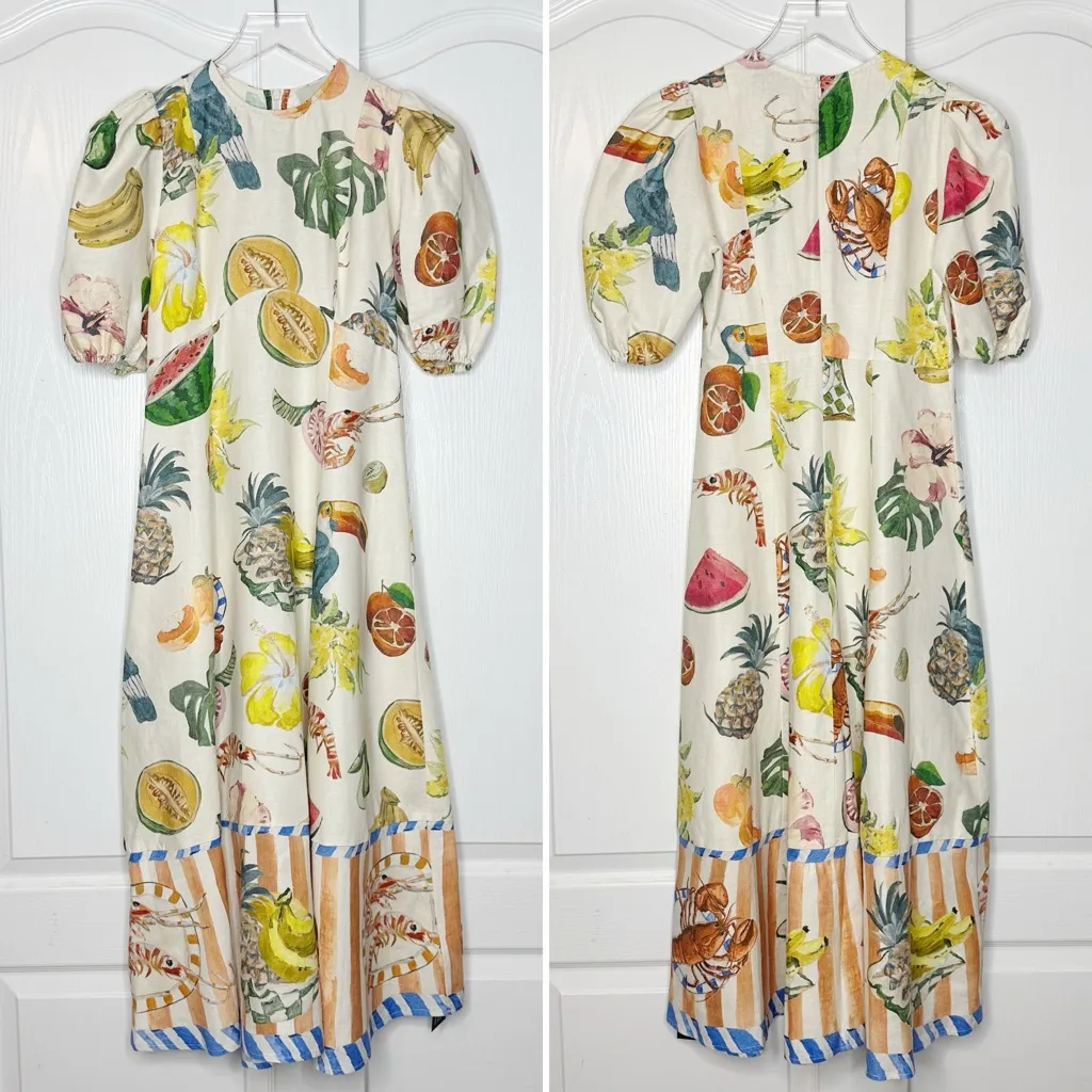 Alemais Theo Midi Dress Tropical Print Linen Cotton Puff Sleeve Size 0 NWT White - Image 6