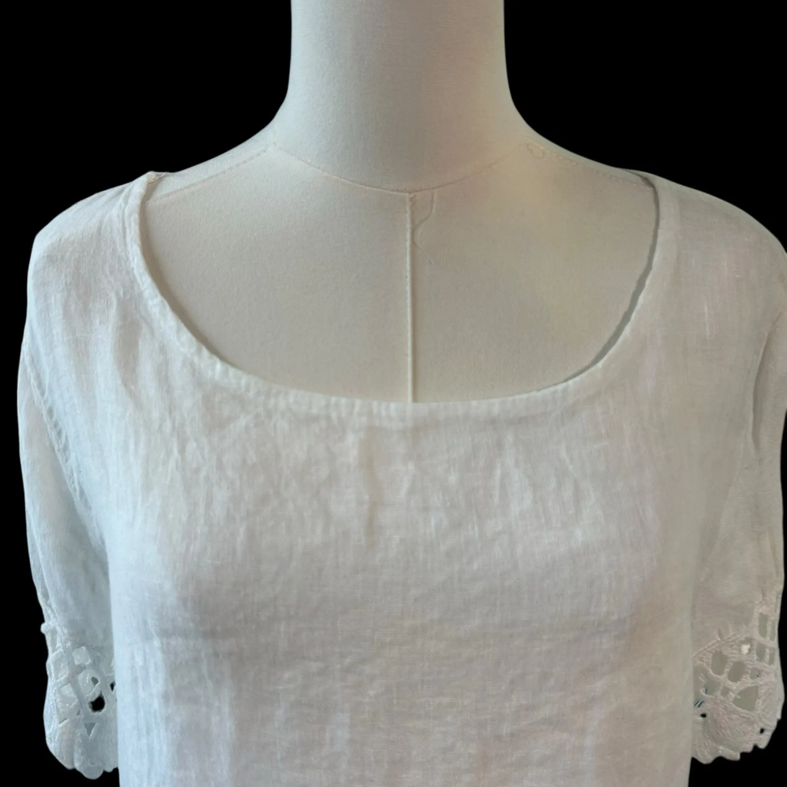 LUNGO LARNO Top Womens M 100% Linen Crochet Trim White Boho Peasant Cottage Core Size M - Image 2