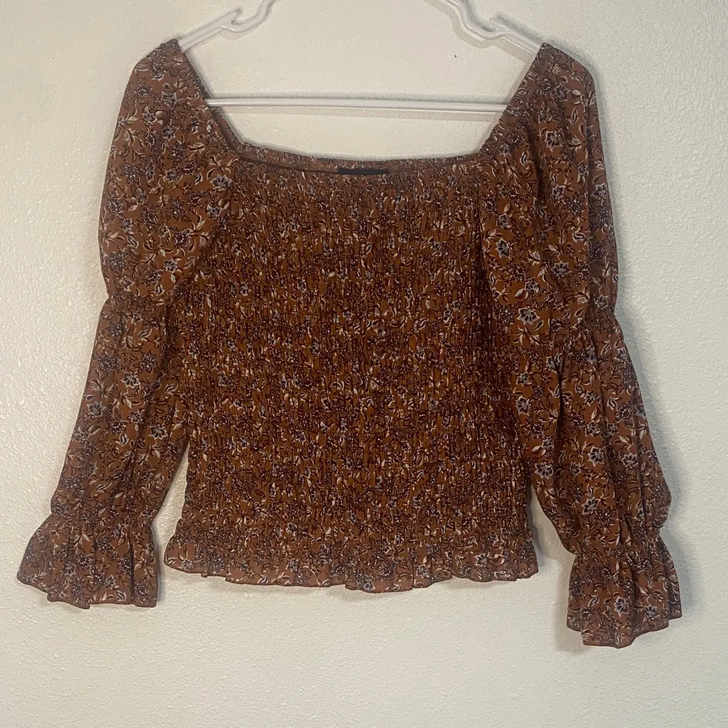 I.N. San Francisco Floral Smocked Top in Brown - Image 2