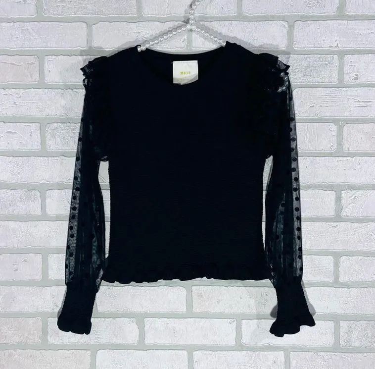 Anthropologie Maeve Black Smocked Ruffled Long Sheer Sleeve Blouse Size XS - Image 4